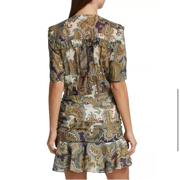 New Veronica Beard Dakota Ruffled Paisley Print Silk Chiffon Mini Dress Green 2 - Picture 2 of 16